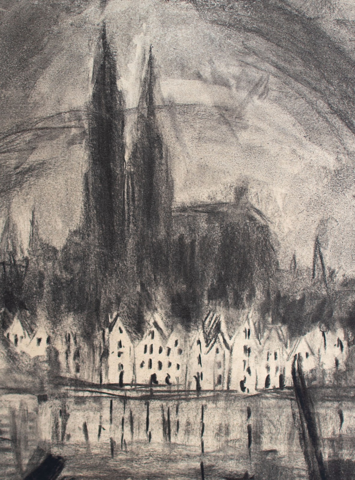 Elfriede Michel Cologne City View Cathedral Signed Design Charcoal Drawing 1959
