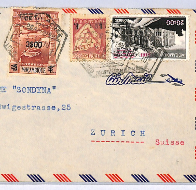 MOZAMBIQUE Cover $3 *SURCHARGE* 3e Air Mail Lourenco Marques 1947 Zürich WB216