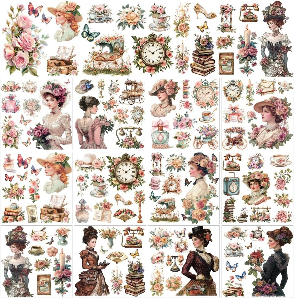 AHANDMAKER 12 Sheets Victorian Lady Rub on Transfer Stickers, Vintage Lady Flora