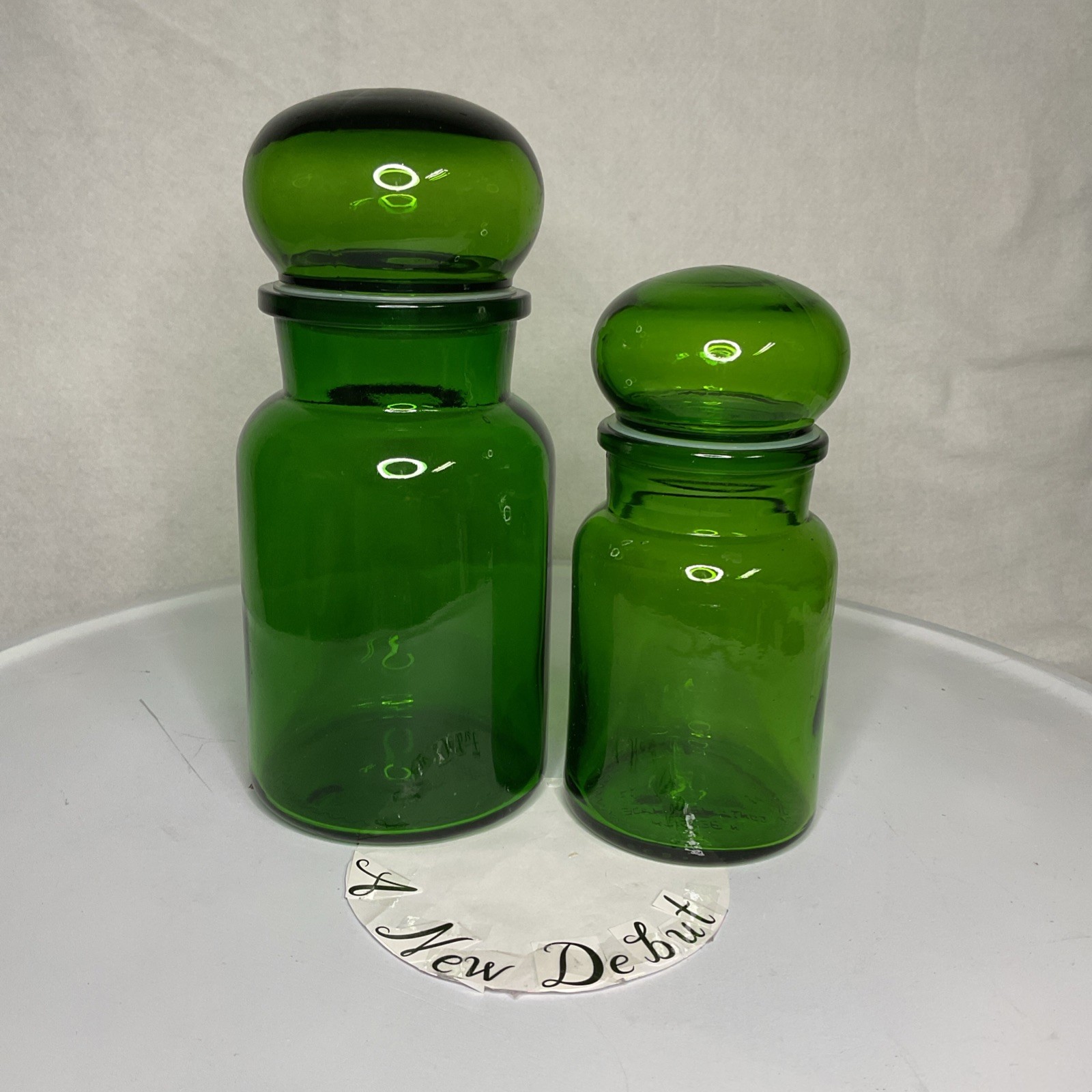 Set of 2 Vtg Emerald Green Glass Apothecary Canister Jars Bubble Lids Belgium