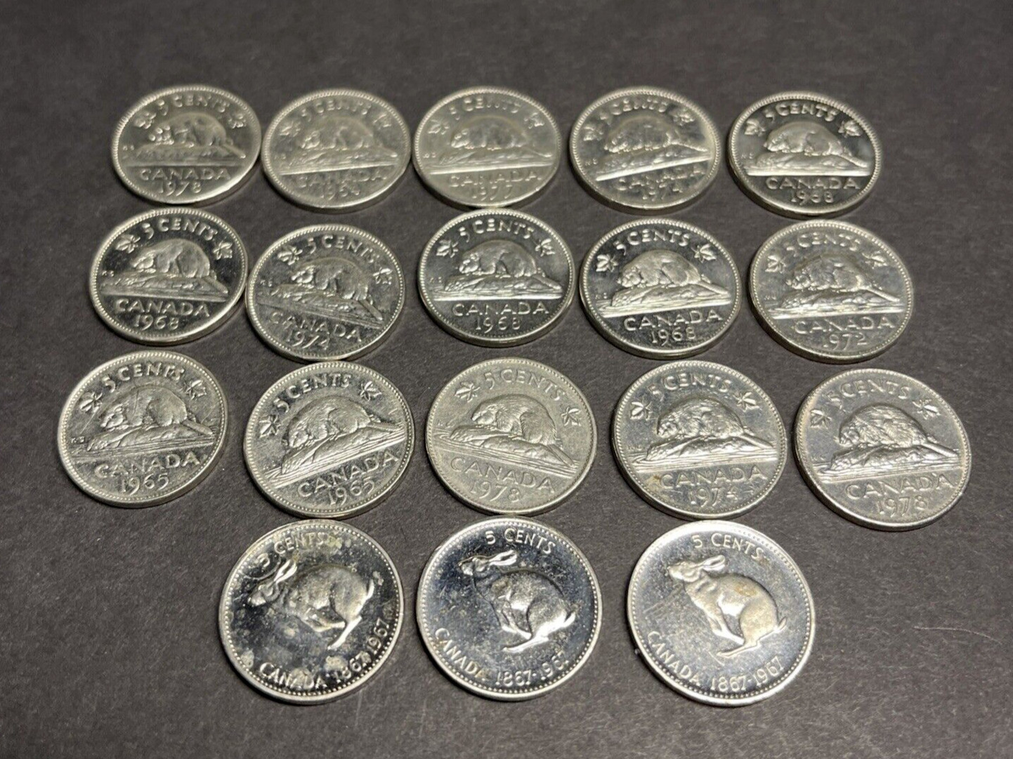 Vintage Canadian Nickel Lot of 18 Coins from 1964 to 1978 PURE NICKEL 99.9%