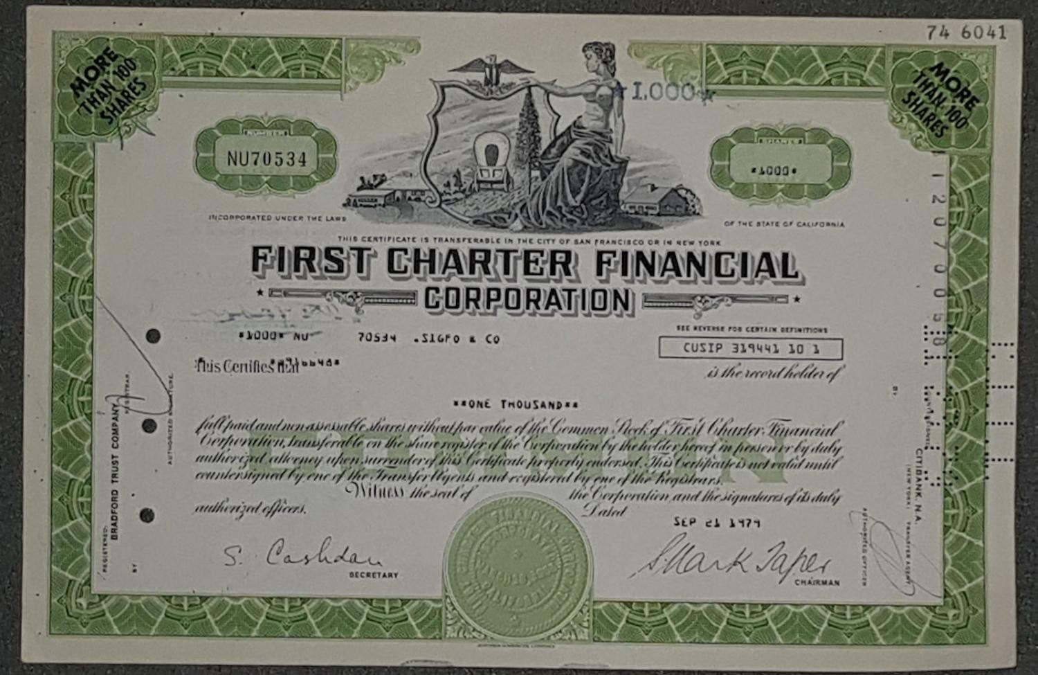 First Charter Financial Corporation 1979 1000 Shares