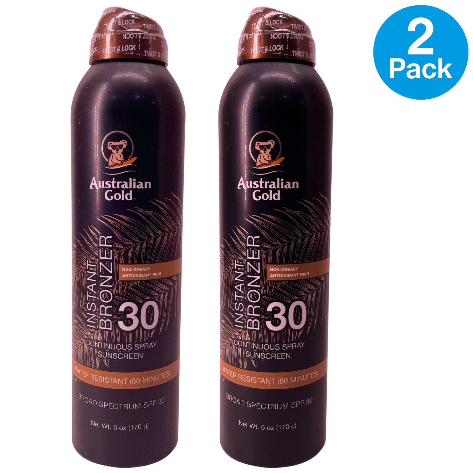 Australian Gold SPF 30 Instant Bronzer Spray 6oz 2 Pack EXP 12/2026 NEW