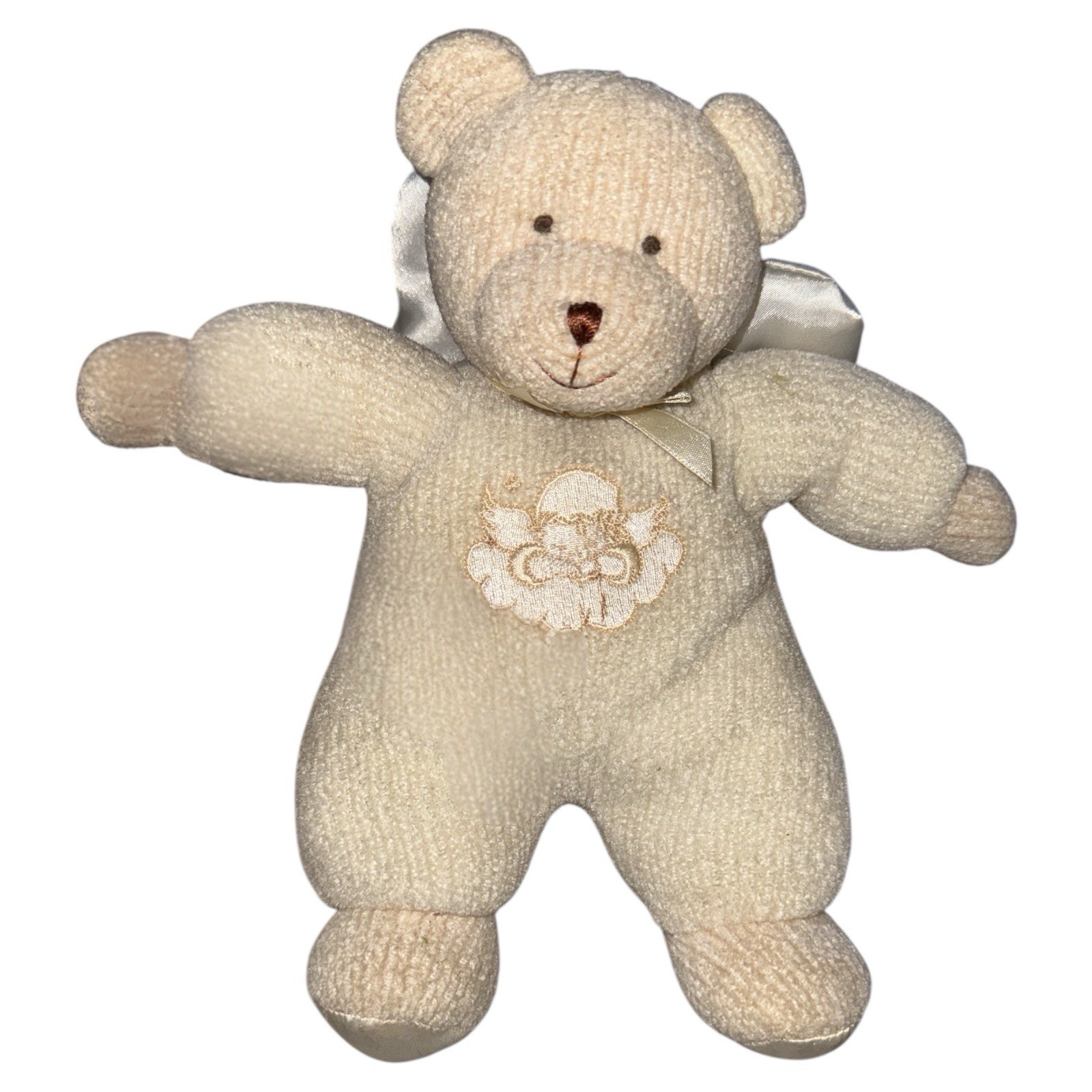 Bright Future Heirlooms cream color baby bear angel plush satin wings rattle 9"