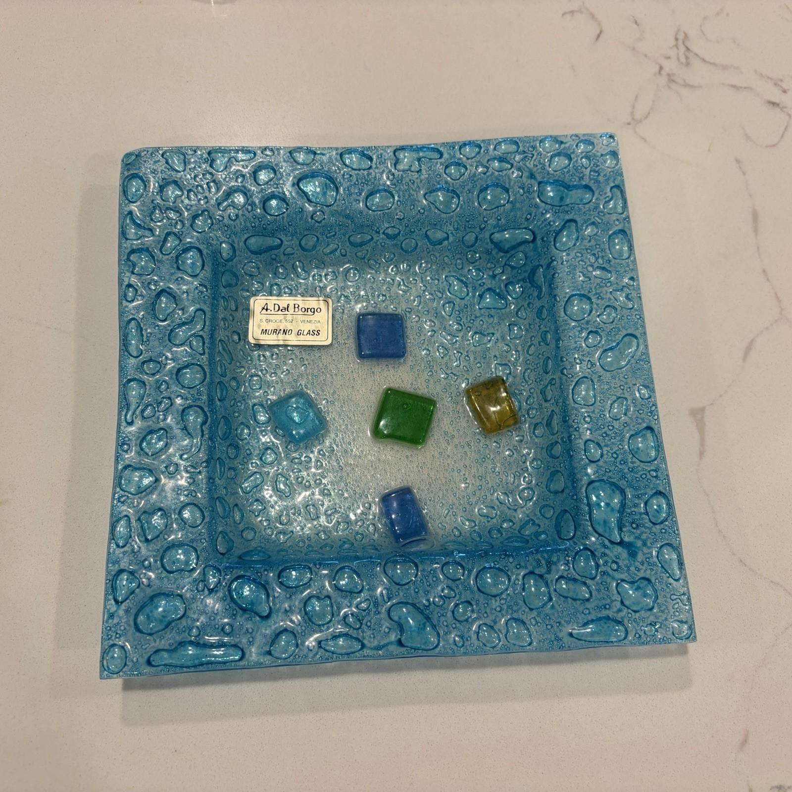 Murano Fused Art Glass Trinket Dish Multi-Color Bubble Block Style 8" Excellent