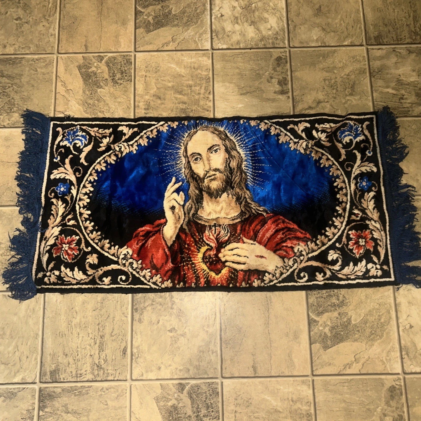 Vintage Jesus Sacred Heart Religious Velvet Tapestry Wall Hanging Rug