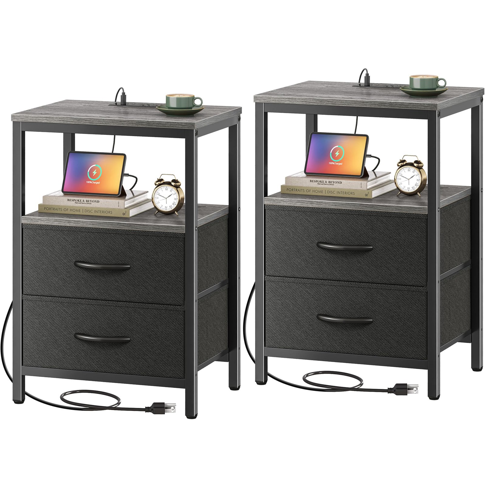 Nightstands Set of 2 Fabric Drawers USB Ports Outlets Bedside Tables Charcoal