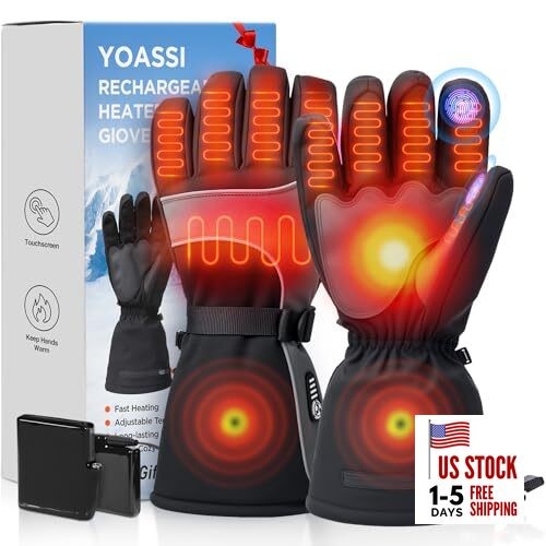 Rechargeable Heated Gloves for Men Women - 7.4V Battery Heated Ski Gloves Large