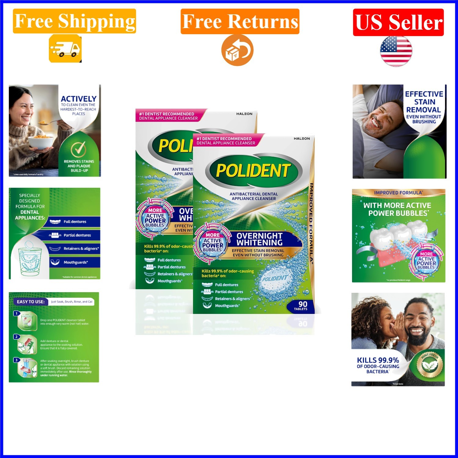 Overnight Whitening Antibacterial Dental Appliance Cleanser Tablets 2x90 Count