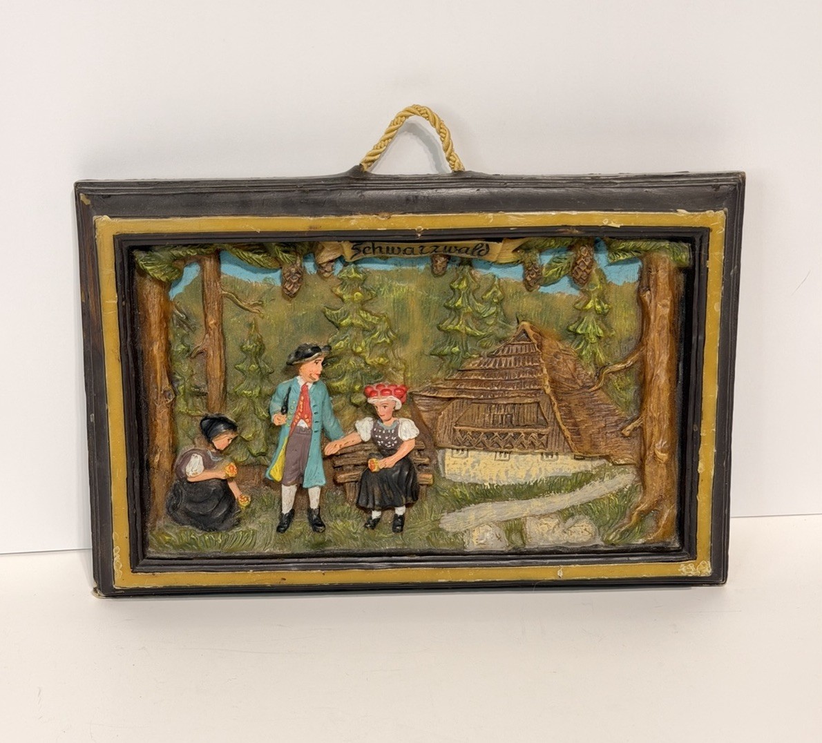 Antique German Wax Relief 3D Picture Wall Art Shadow Box 13x8 Cottage Woods EUC