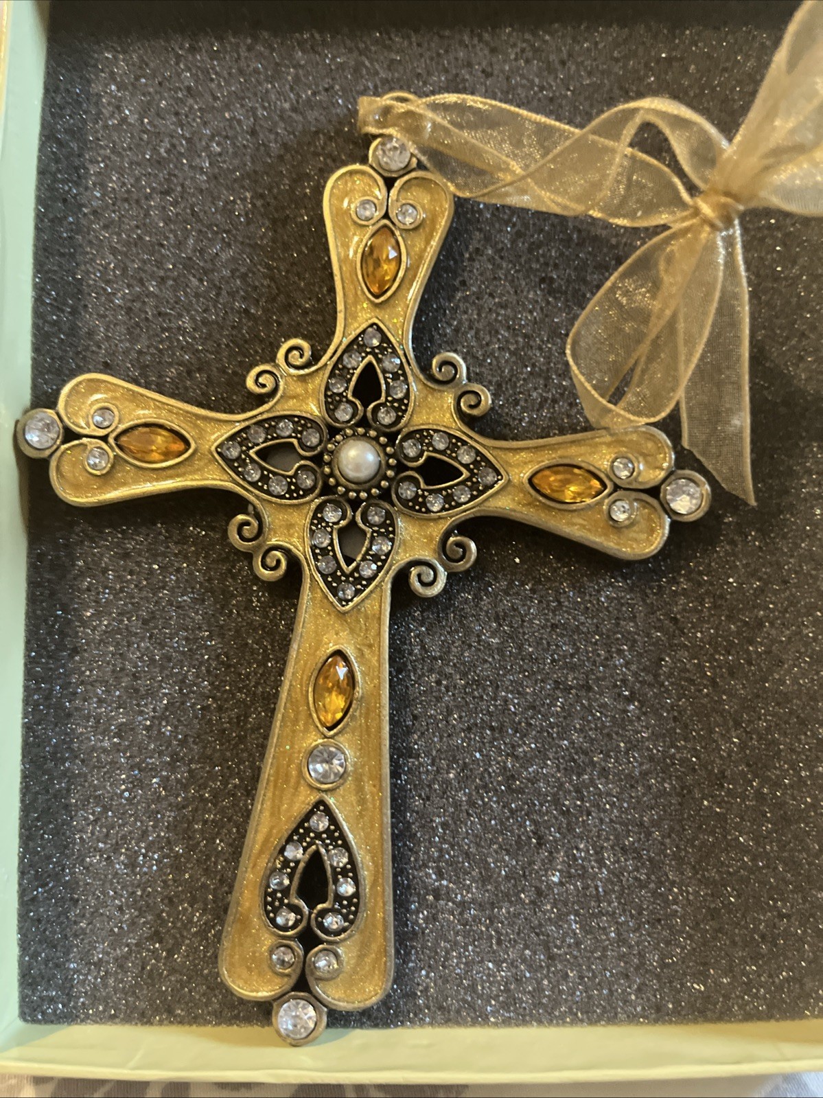 NEW in Box Vintage Kirkland's Enameled Brass Cross  w/Jewels Gold-Tone Finish