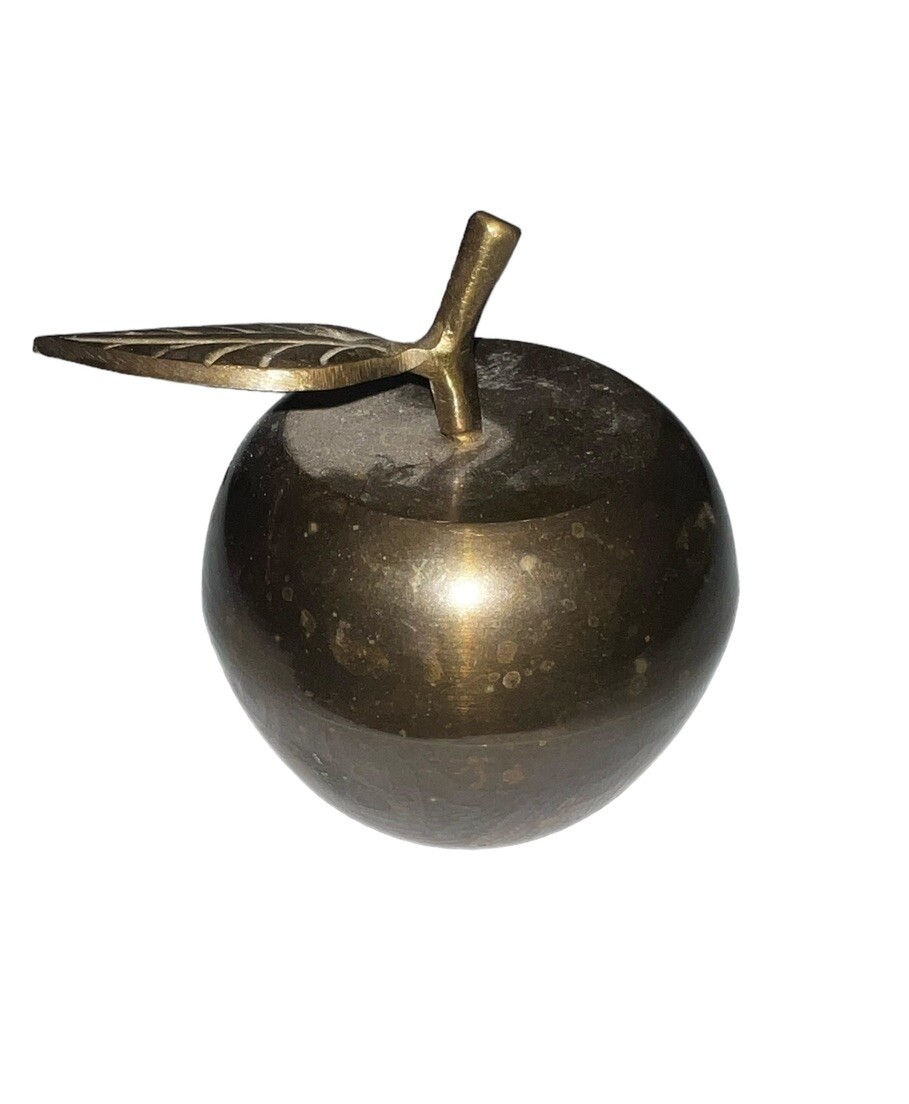 Brass Apple Trinket/Stash Box With One Leaf Vintage Made In India Paperweight 