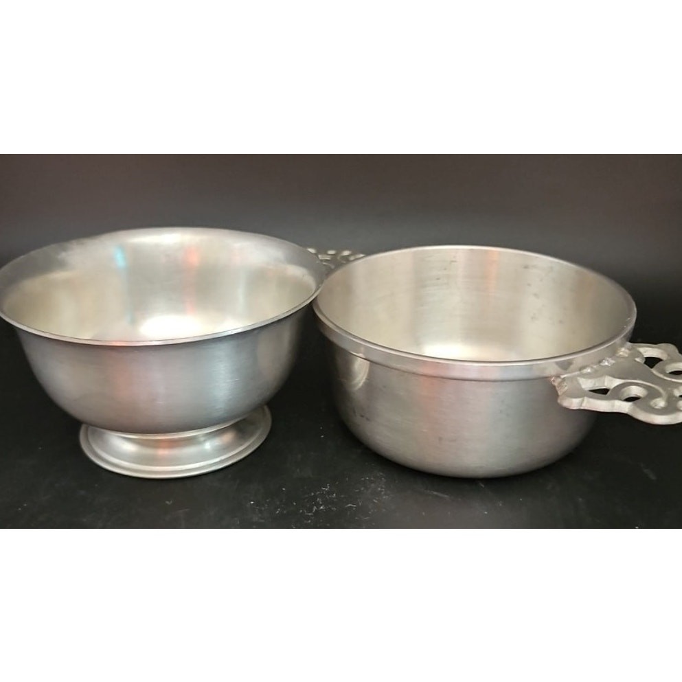2 Vtg Woodbury Pewterers -Double Handled Porringer Serving Dish & Revere Bowl