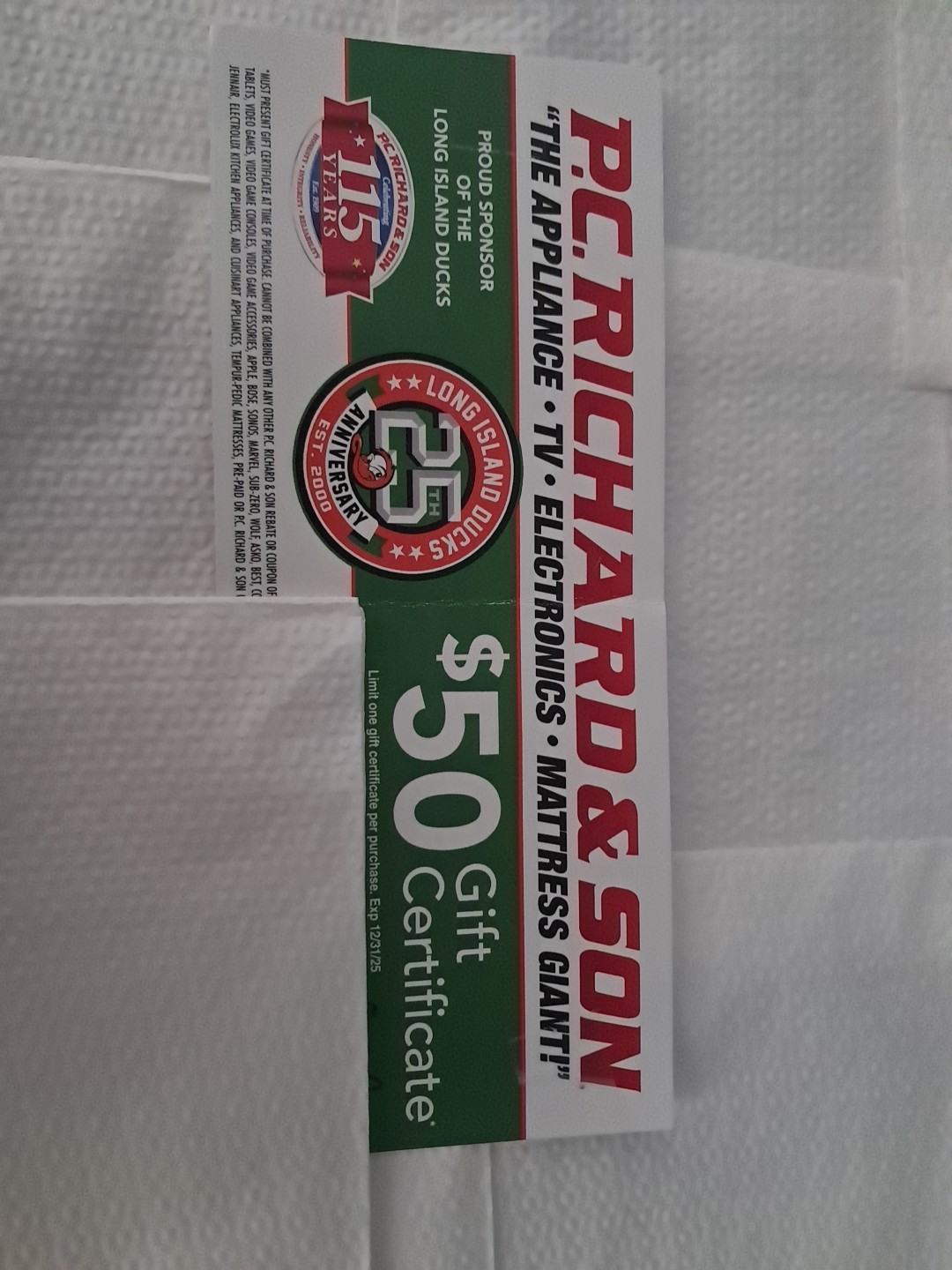 PC RICHARD GIFT CERTIFICATE