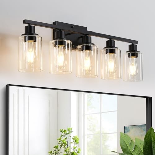 Bathroom Light Fixtures, Vanity Light with 5-Light Matte Black & Clear glass