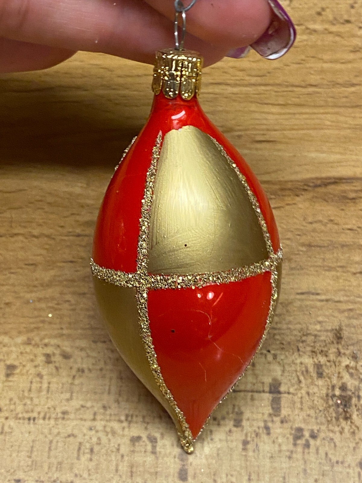 Glass Teardrop Oblong Red Gold Modern Christmas Ornament 3.5"