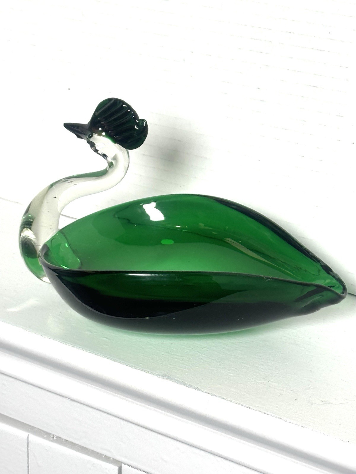 Vintage Norcrest Handblown Art Glass Emerald Green Swan Ashtray Trinket Dish