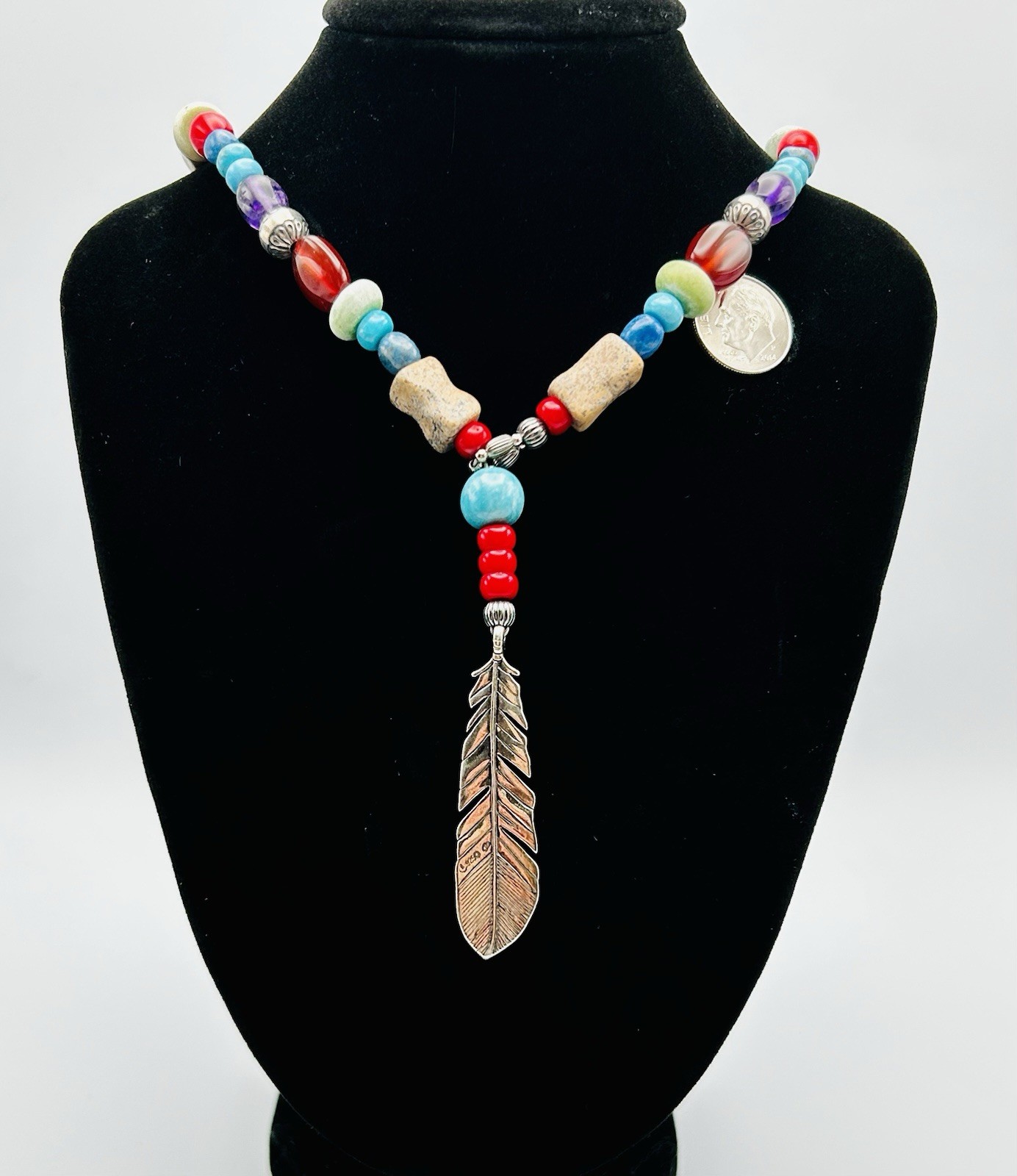 Carolyn Pollack Relios Multi Stone Necklace w/925 Feather Pendant, 17-20”