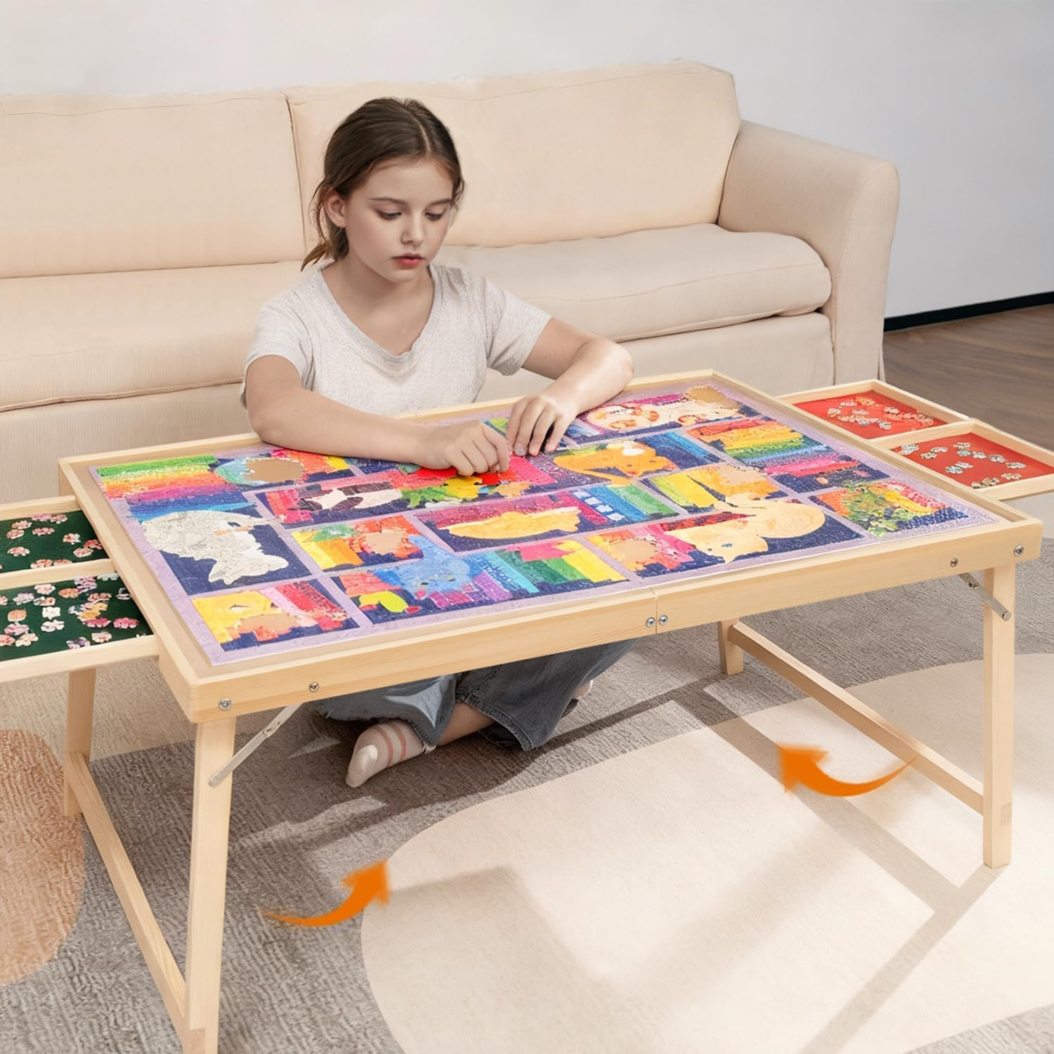 Foldable Puzzle Table with Legs, 34"X 26" Wooden Puzzle Board with Drawers & Cov