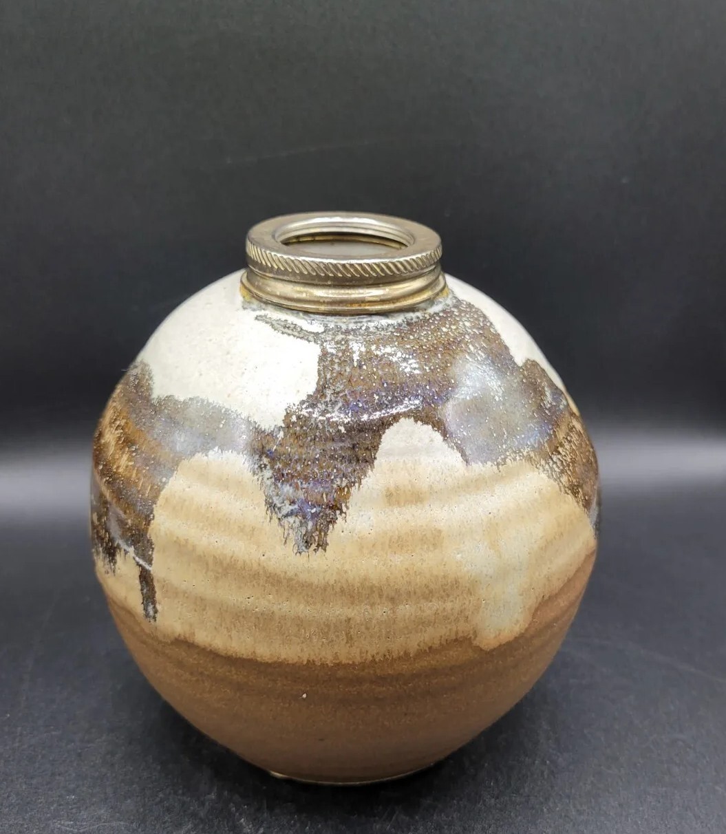 VTG Studio Art Pottery Oil Lamp Stoneware Brass Cap Glazed Signed Buie TN
