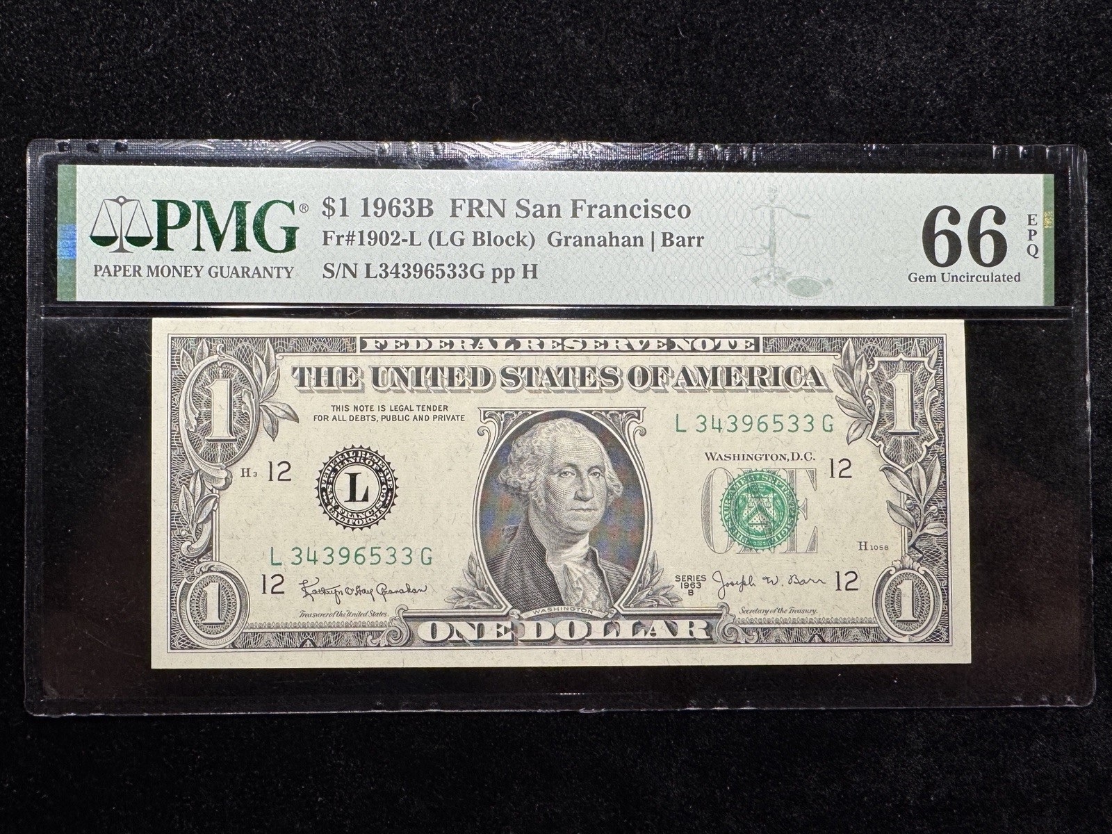 1963B $1 Federal Reserve Note (San Francisco) (Fr#1902-L) - $1 PMG 66 EPQ -Barr