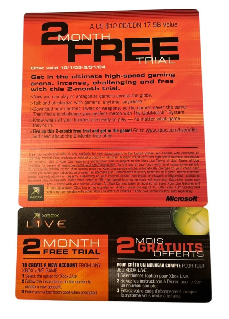 Original XBOX Live New 2 Month Free Trial Unused Card Xbox Gold Game Pass WORKS