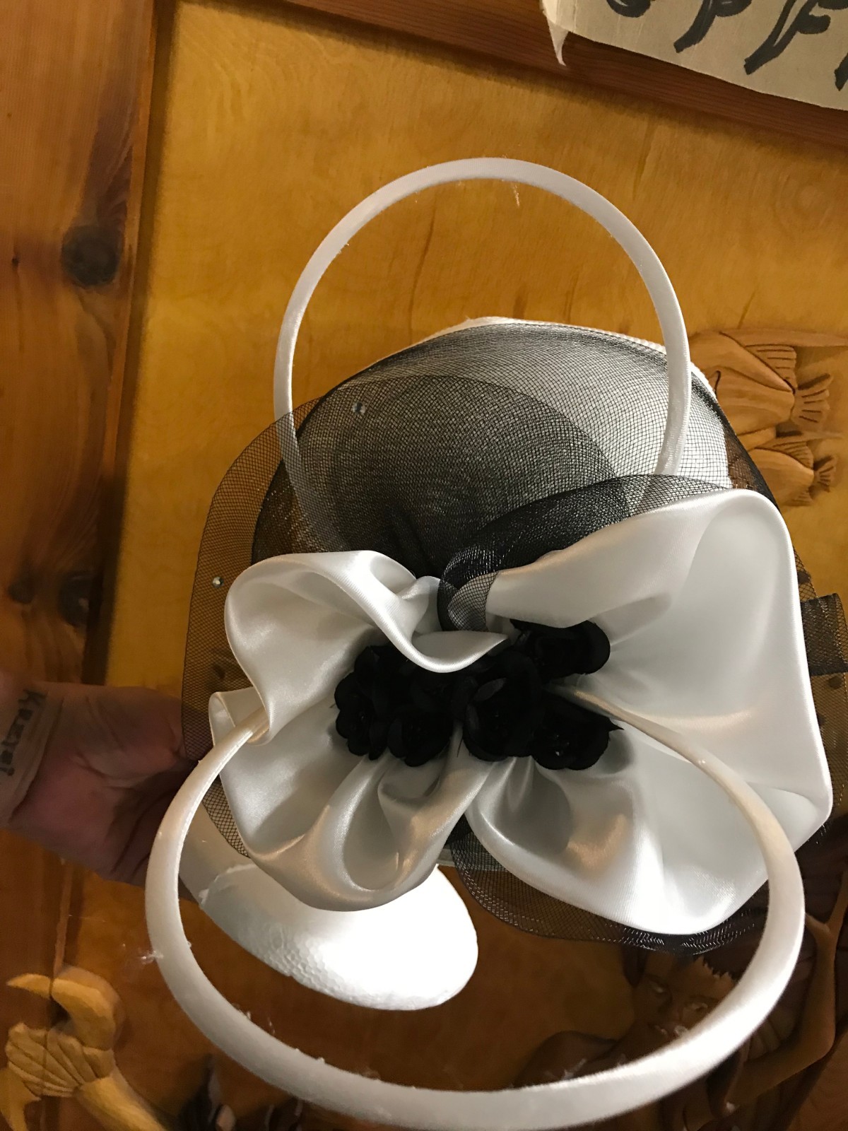 SIERRA MILLINERY Vintage Hat White Black Bold Bow Rhinestones Rosettes Fasinator