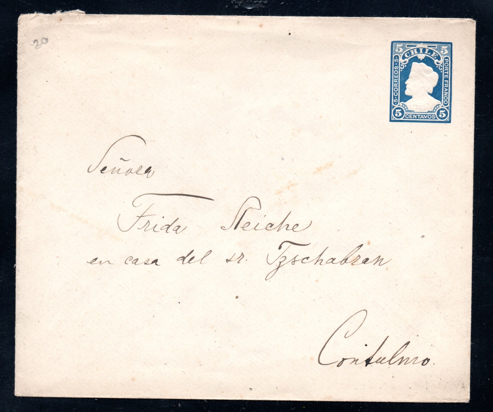 CHILE,  SOBRE COLON CABEZON IMPRESO DE 5 CTS, CONTULMO  (PH-28)