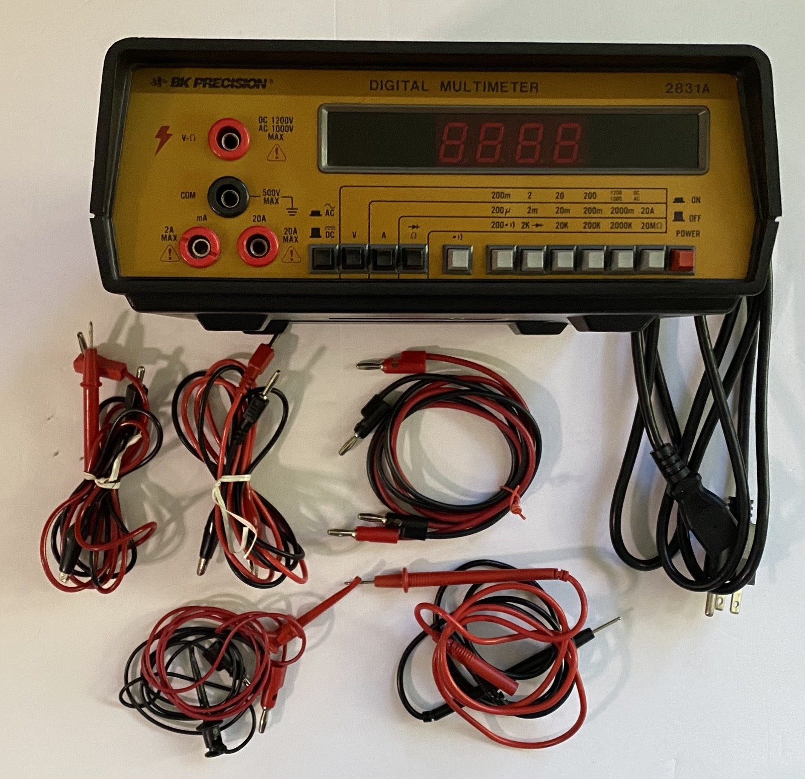 BK precision Digital Multimeter 2831A with power cord, 5 types of testing cords.