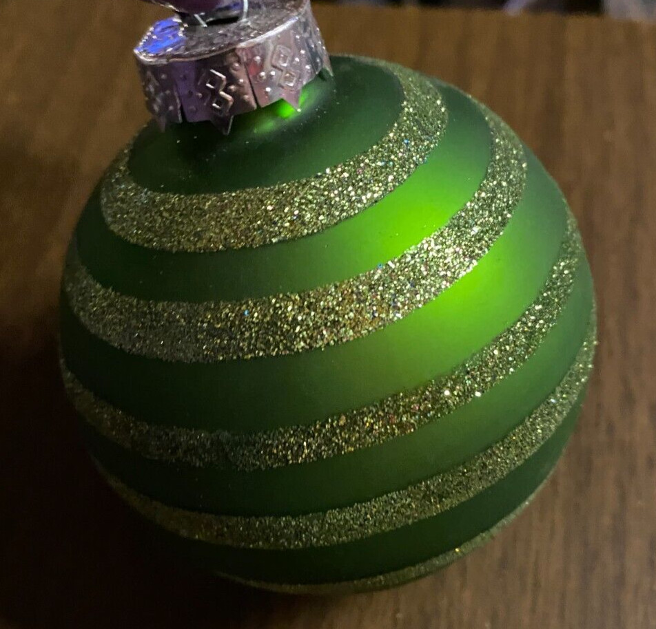 Blown Glass Green Glitter Spiral Ball Christmas Ornament 2 1/2"