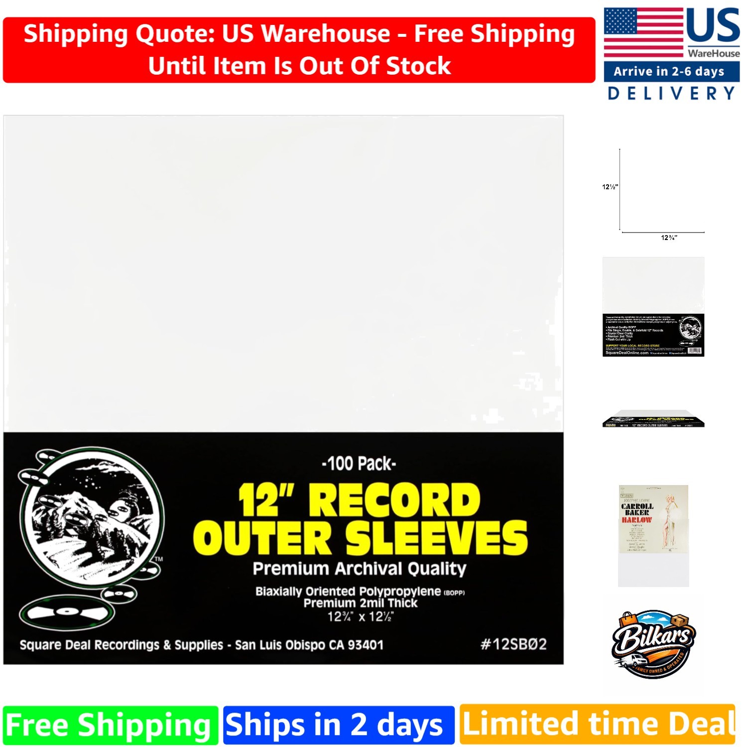 100 Count 12" Record Sleeves - Archival Quality BOPP, 2 Mil Thickness