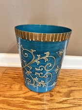VTG Plastic waste basket teal gold scrolls MCM acrylic Retro 60’s Blue