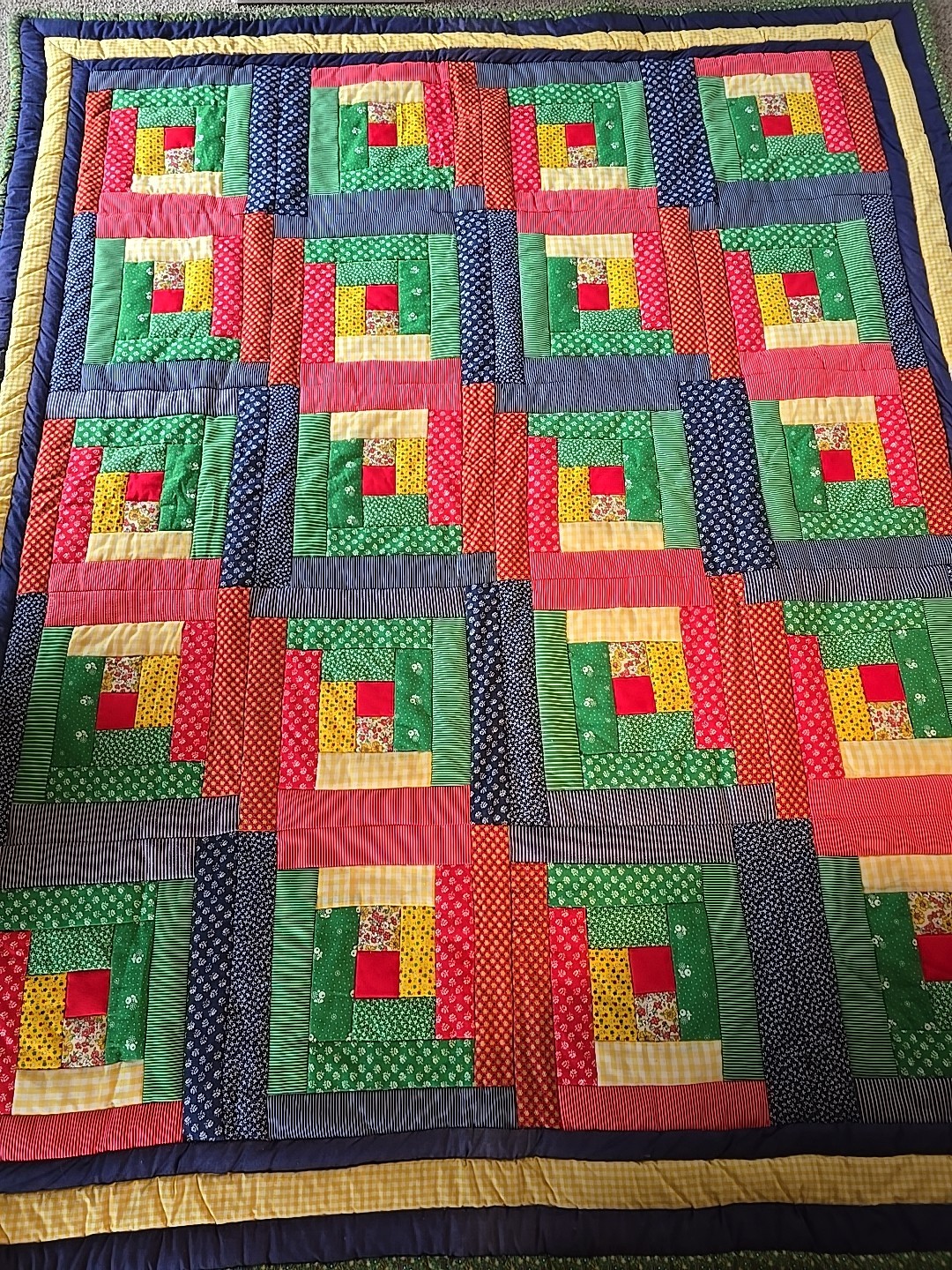 Vintage 70s  Patchwork  Log Cabin Quilt 64" X 78” colorful