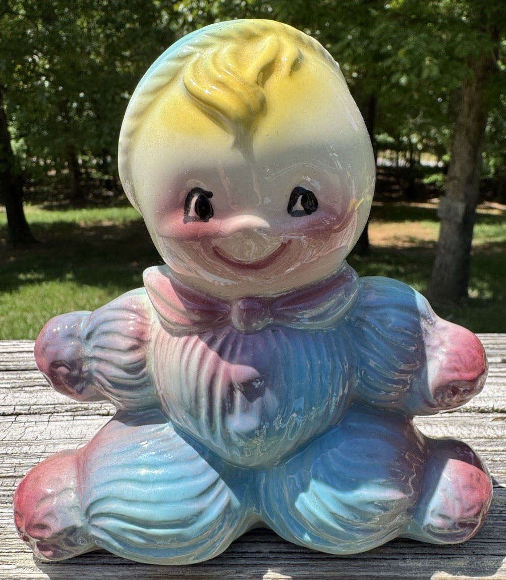 Vintage American Bisque Pottery Blue Rag Doll Piggy Bank