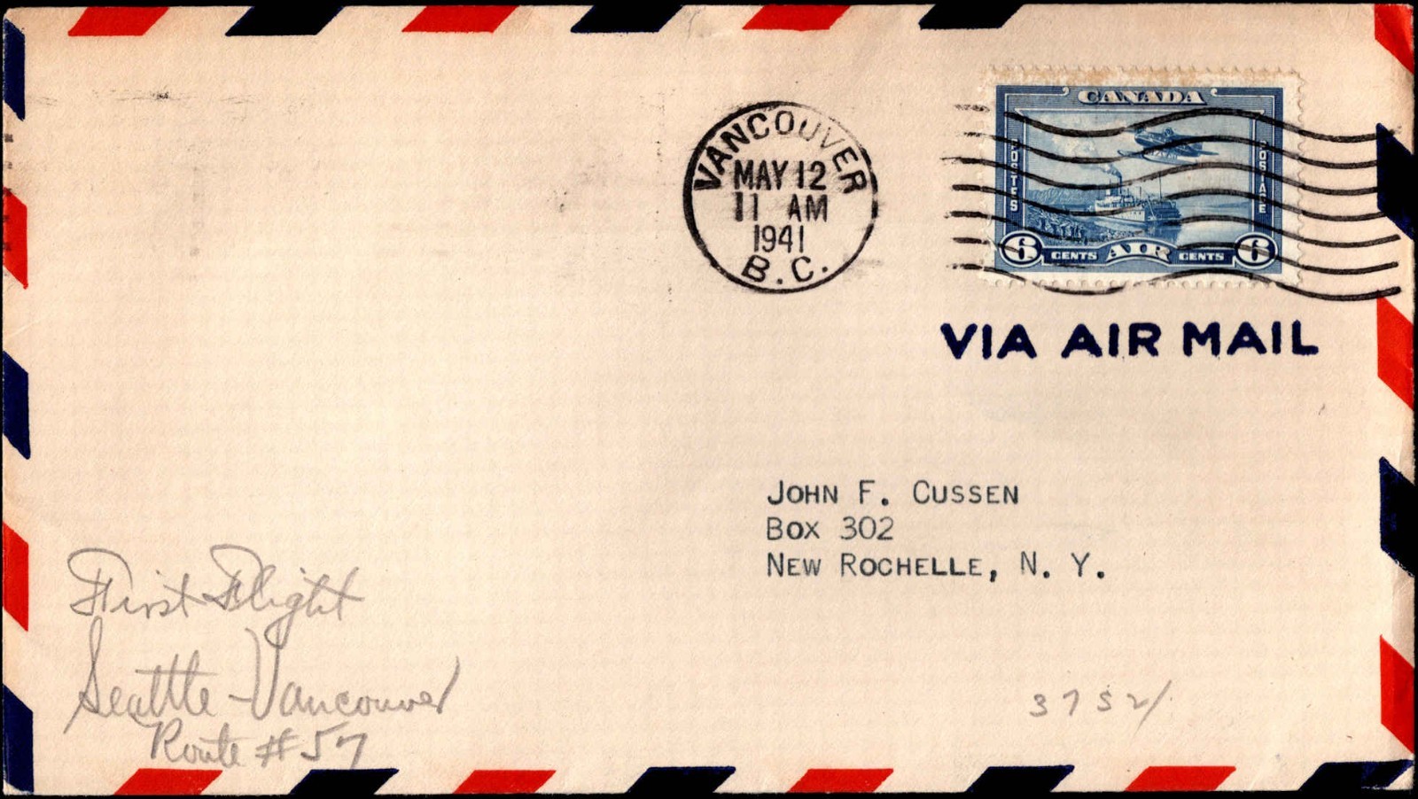 1941 First Flight Seattle WA to Vancouver BC Route #57 Airmail Cover