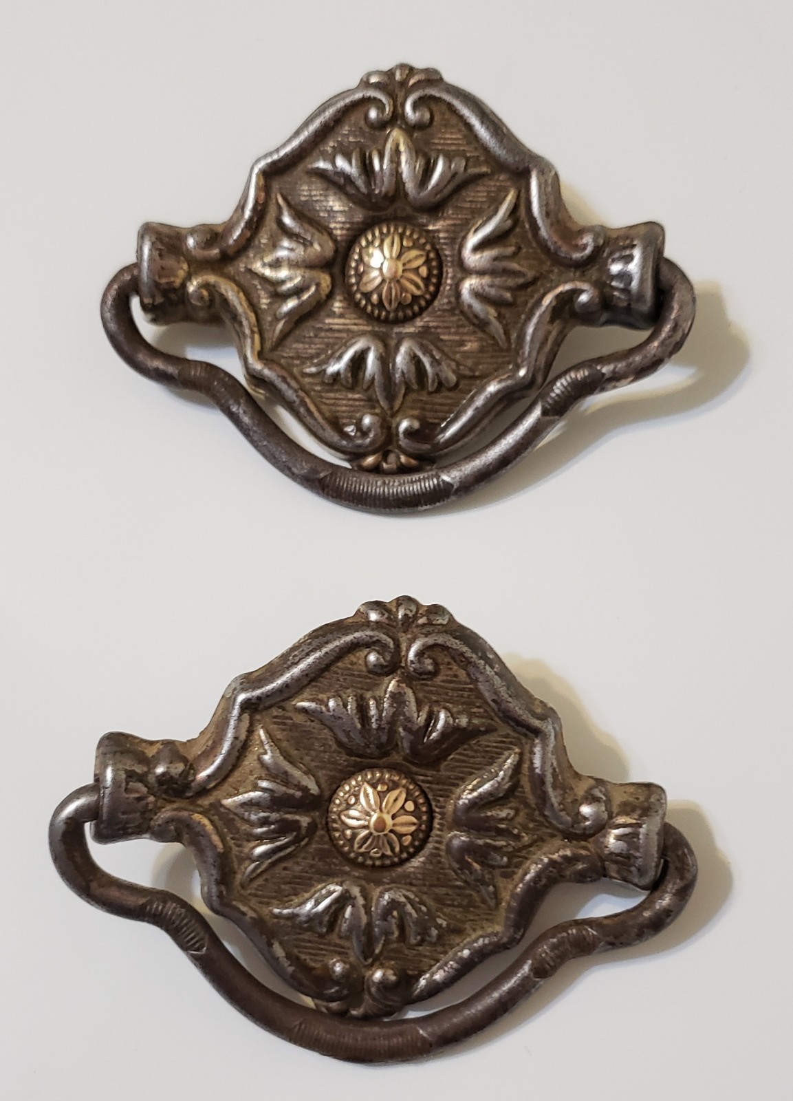 2 Small Drop Bail Stamped Steel Single Post Antique Drawer Pulls 2.5" Wide