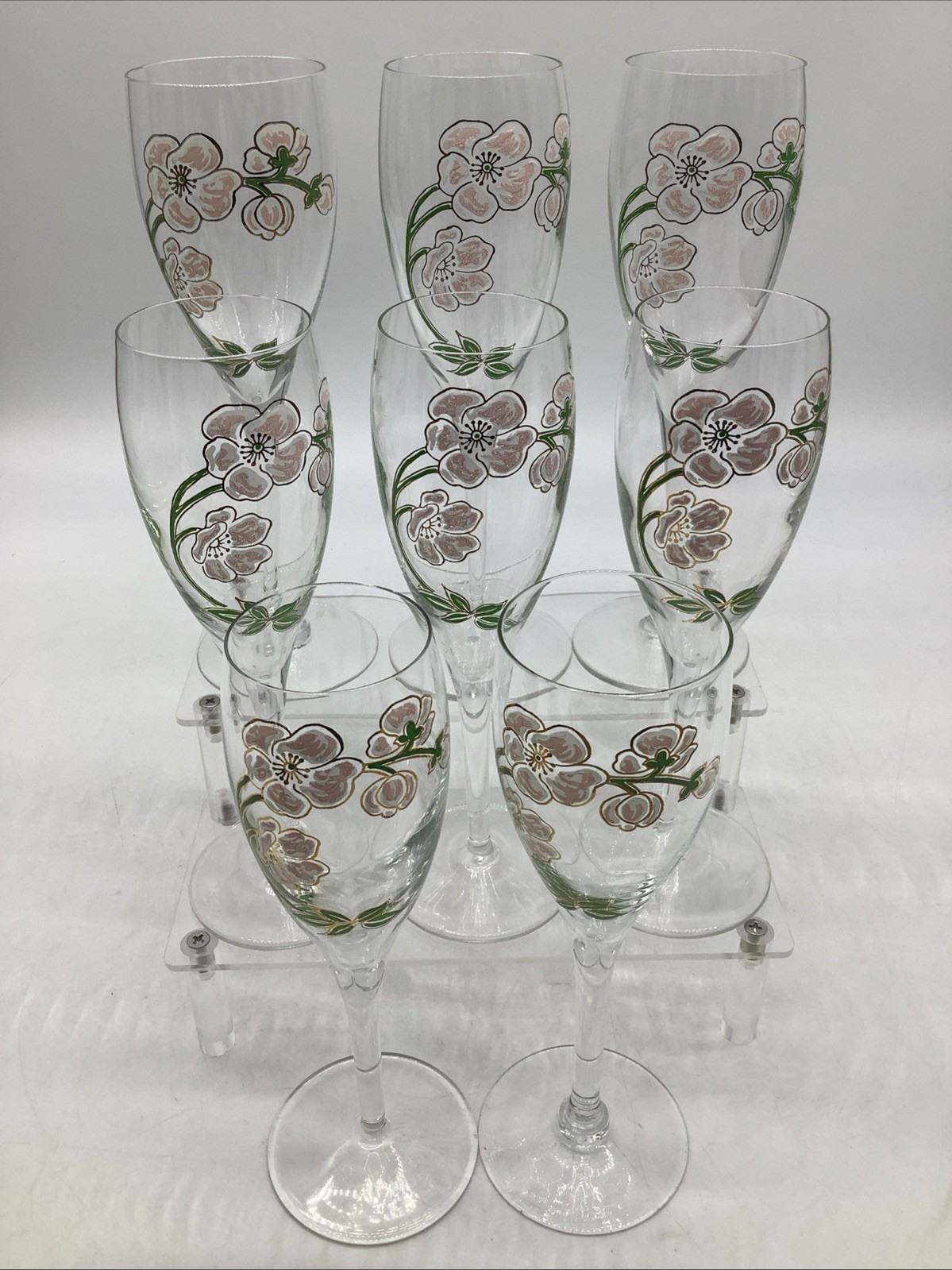 Vintage Set of 8 Perrier Jouet Hand painted  Crystal Champagne Flutes 7 1/2 "