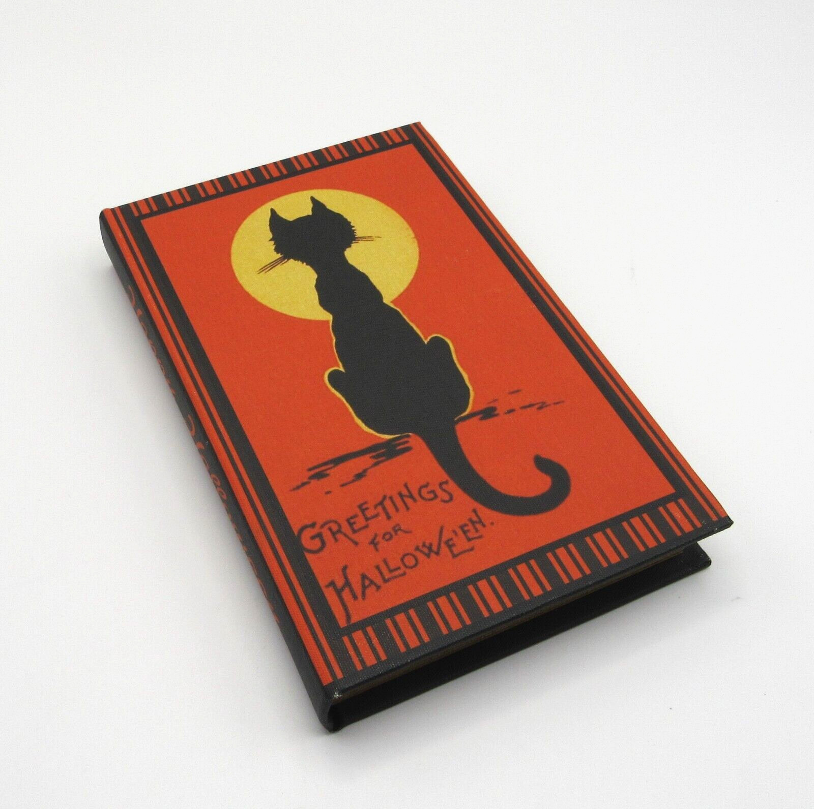 GREETINGS FOR HALLOWEEN BLACK CAT RETRO STYLE FAUX BOOK STASH BOX NEW