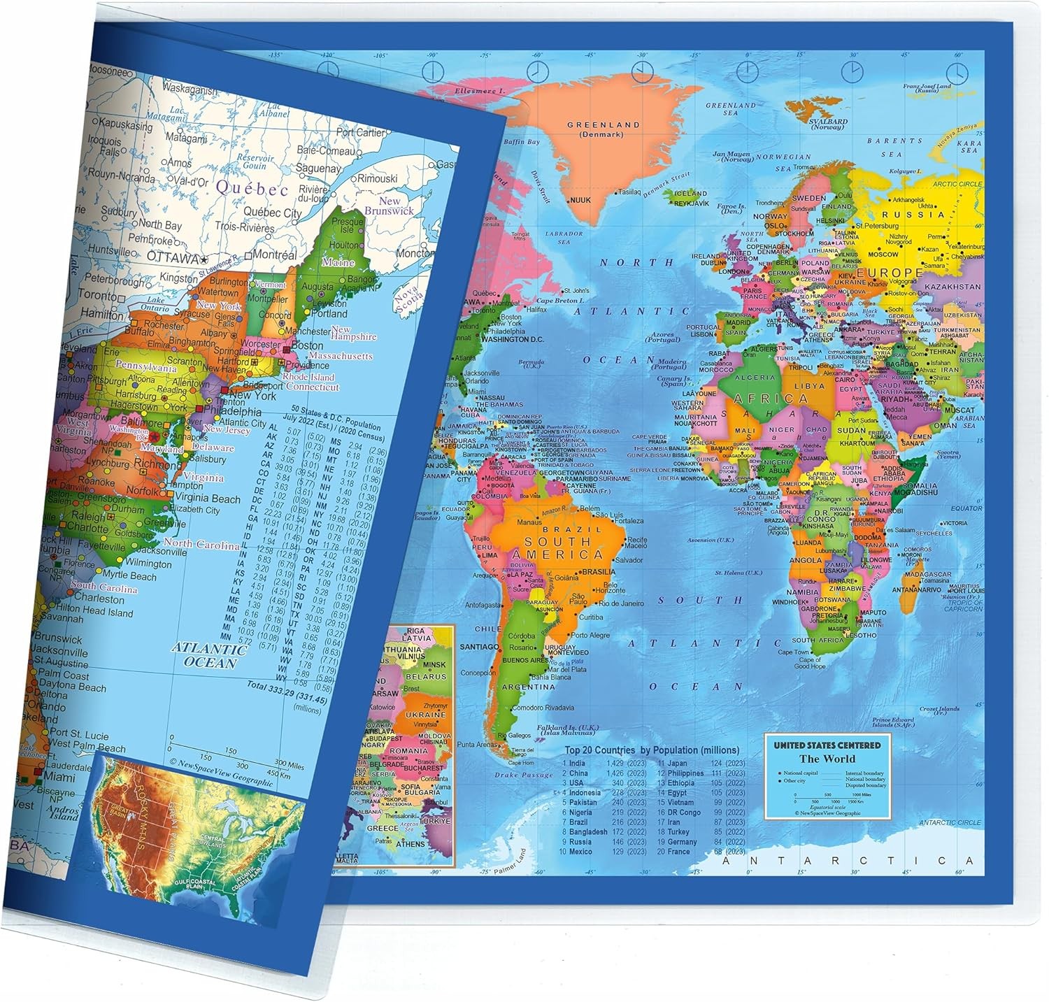 2-Sided Desk Map with Durable Lamination (1 Pack : US & US Centered World 17.5 x