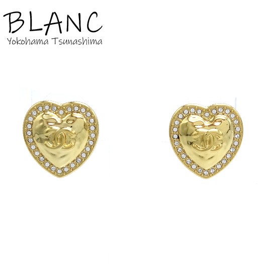 CHANEL Coco Mark Rhinestone Heart Earrings Metal Gold B24P CHANEL BLANC