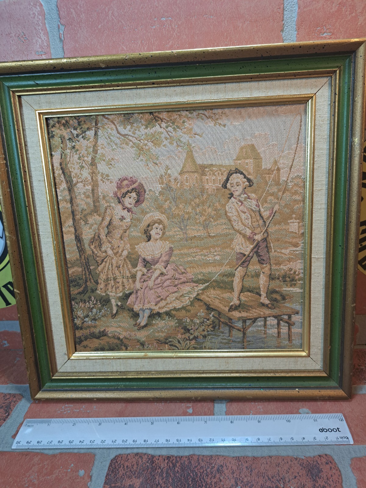 VTG French Tapestry Man And Women Fishing 12 × 12