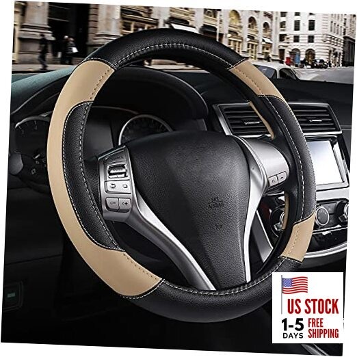 Leather Car Steering Wheel Cover, Non-Slip Car Wheel Cover Protector Beige