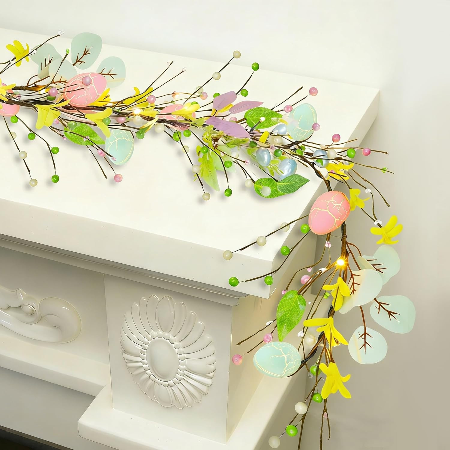 6 Ft Easter Garland Decoration with Easter Eggs, Pre-Lit Artificial Hanging Flor
