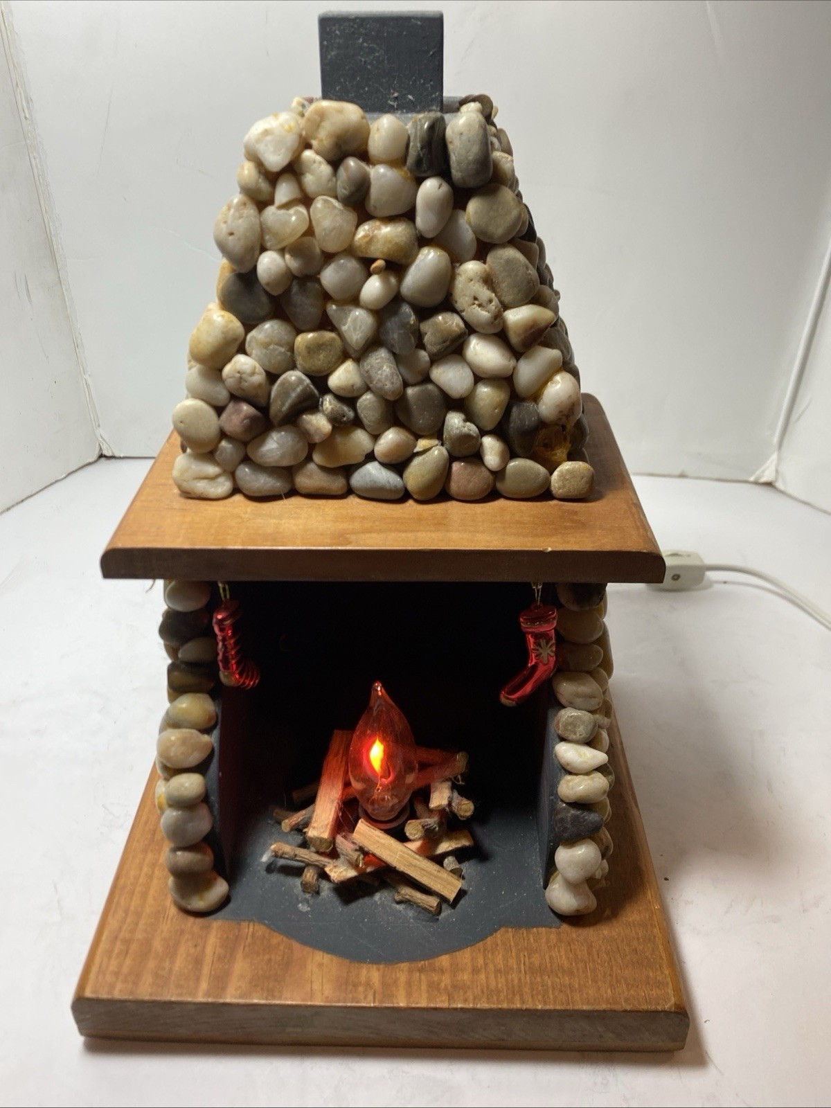 Vtg Stone Sided Mantle Fireplace Flickering Light Tabletop Decor Homemade