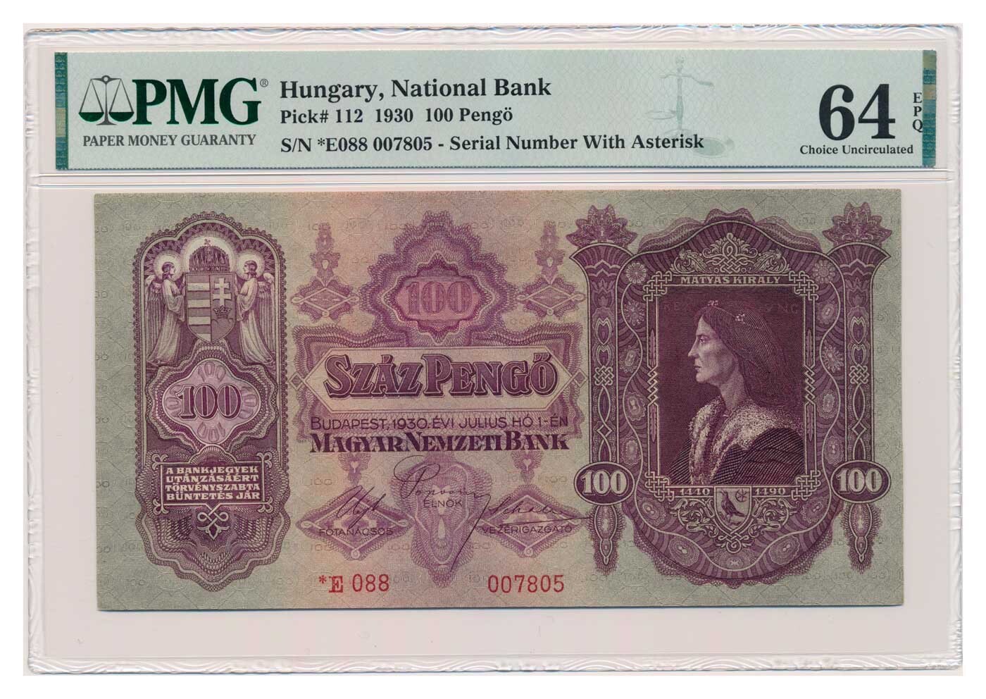 HUNGARY banknote 100 Pengo 1930 Szalasi issue PMG MS 64 EPQ Choice Uncirculated