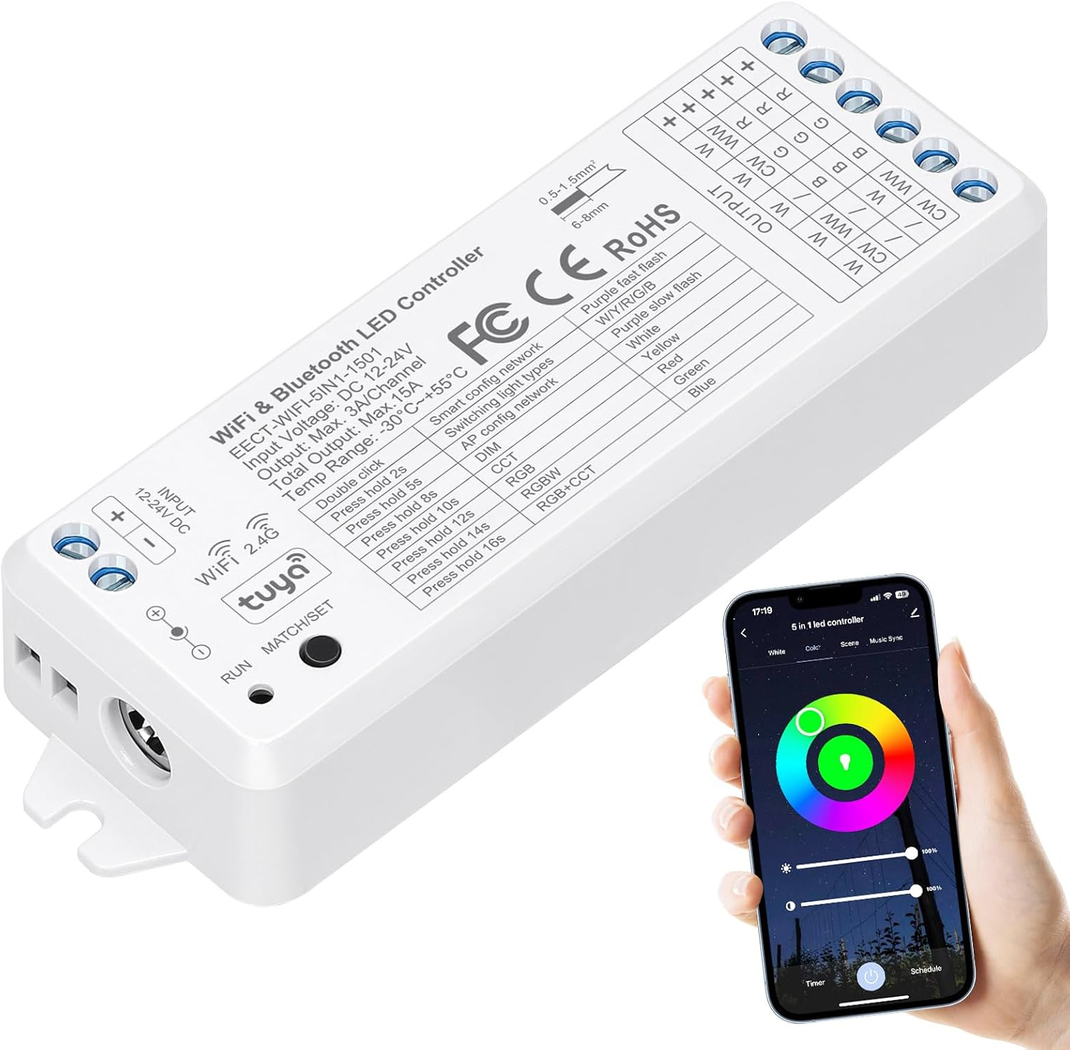 Wifi&Bluetooth 5-In-1 LED Controller WT5 Dimmable for DC12-24V PWM Single Color/