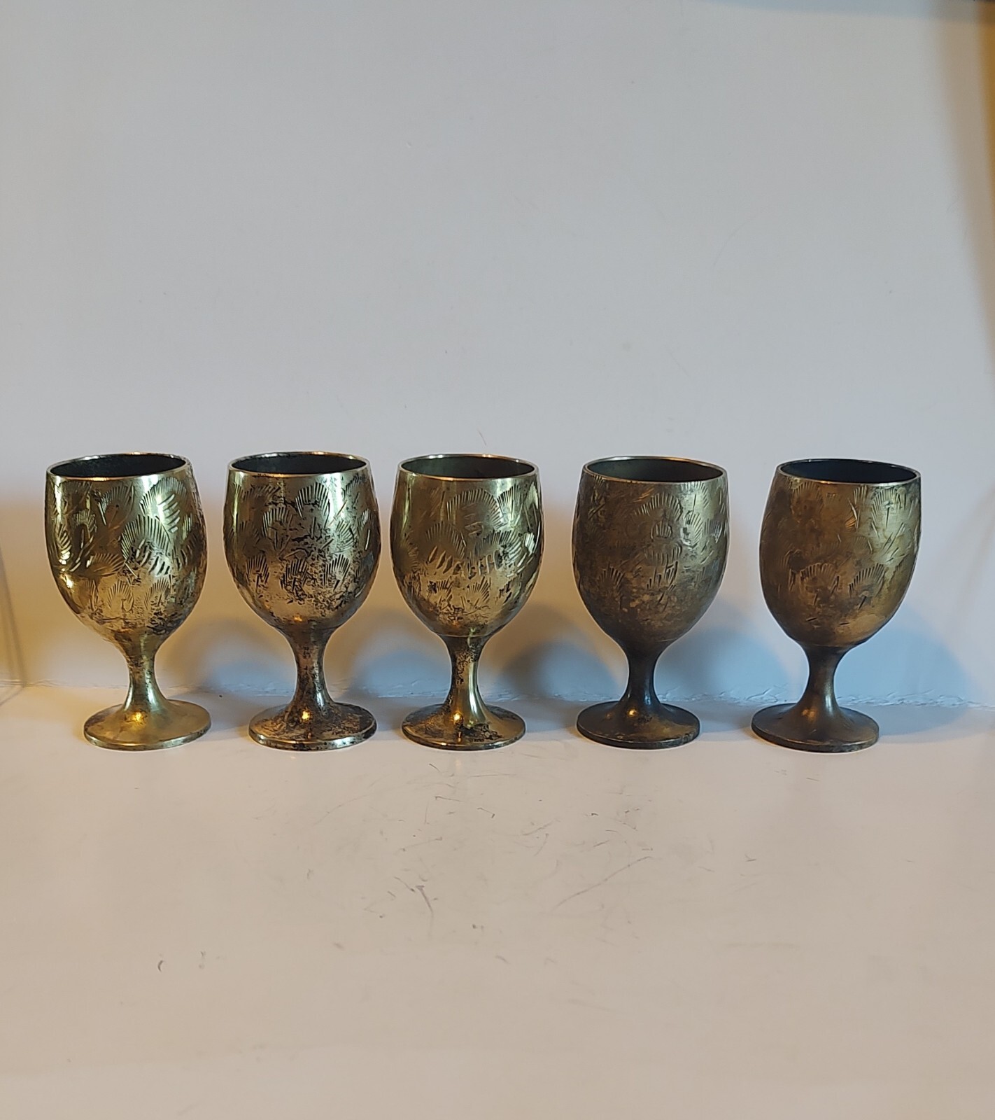 Vintage 5 Ornate Vintage Etched Brass Mini Goblet Stemmed Shot Glass Cup