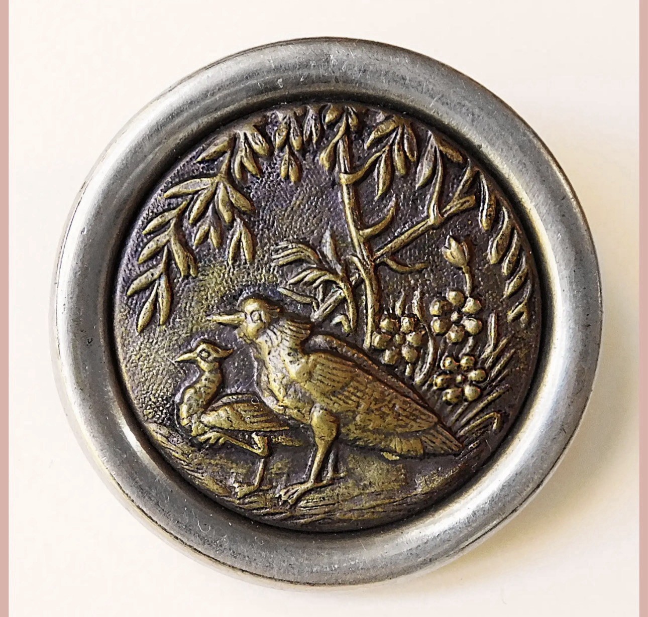 Antique BIRDS Picture Story Button - 1 7/16" Large