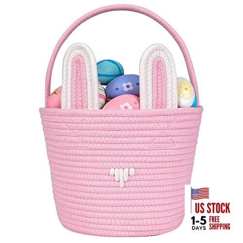 Easter Basket Egg Hunt Bunny Baskets for Girls Large-9.8” x 7.8” x 7.8” Pink