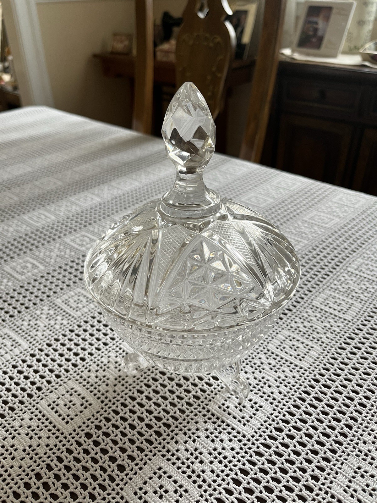 Vintage cut glass candy dish with top